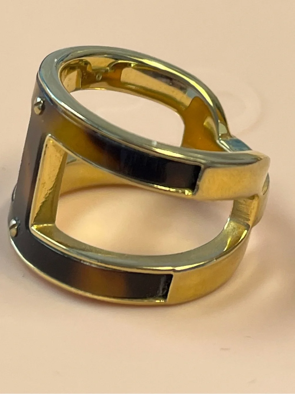 Michael Kors Gold Tone Tortoise Shell Acetate Cage Double Band Ring Size 7